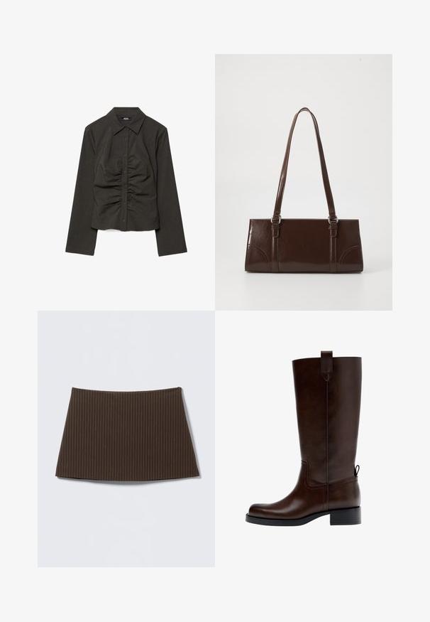 Chemise à manches longues gris foncé avec boutons, rayures fines discrètes et détails froncés au centre avant.; Jupe marron à fines rayures, coupe ajustée, texture lisse et ourlet évasé, idéale pour un look sur mesure.; Botte en cuir marron foncé montant jusqu'au genou avec un petit talon bloc, une languette de traction en haut et à l'arrière, et un bout arrondi, vue de profil.; Sac à main en cuir verni marron de forme rectangulaire, avec deux longues poignées et des accents courbés subtils à l'avant.