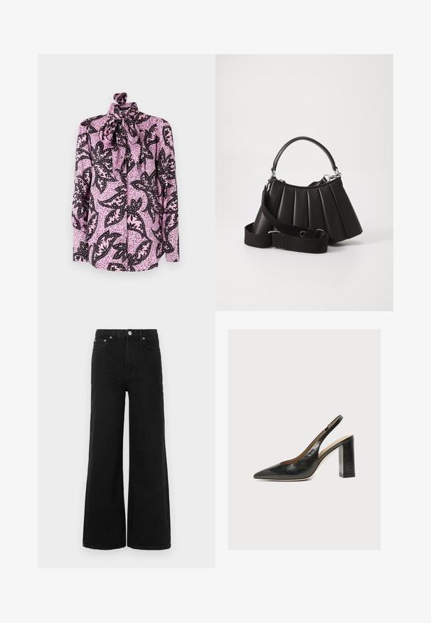 Blusa rosa con un patrón floral negro y acentos moteados, de cuello alto y un gran lazo en el collar. Mangas largas.; Vaqueros negros de pierna ancha hechos de denim; cuentan con cintura alta, bolsillos delanteros y cierre de botón. Sin patrones o adornos visibles.; Zapato de mujer slingback de piel negra con puntera puntiaguda y tacón alto grueso de bloque sobre fondo blanco.; Bolso de mano negro con pliegues, manejo redondeado, correa ajustable y textura brillante. Presenta herrajes plateados y una silueta estructurada.
