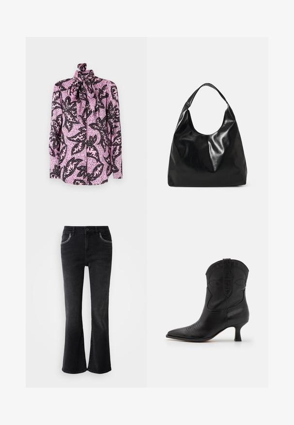 Blusa rosa con un patrón floral negro y acentos moteados, de cuello alto y un gran lazo en el collar. Mangas largas.; Mos Mosh PERLA - Vaqueros a campana - dark grey; Bota cowboy de cuero negro con punta afilada, tacón bajo y costuras decorativas en el eje y en la zona de la punta. Textura suave en todo.; Bolso hobo de cuero negro con una textura suave y brillante y un diseño de parte superior redondeada y abierta. Cuenta con una amplia correa curvada para llevar. Sin hardware visible.