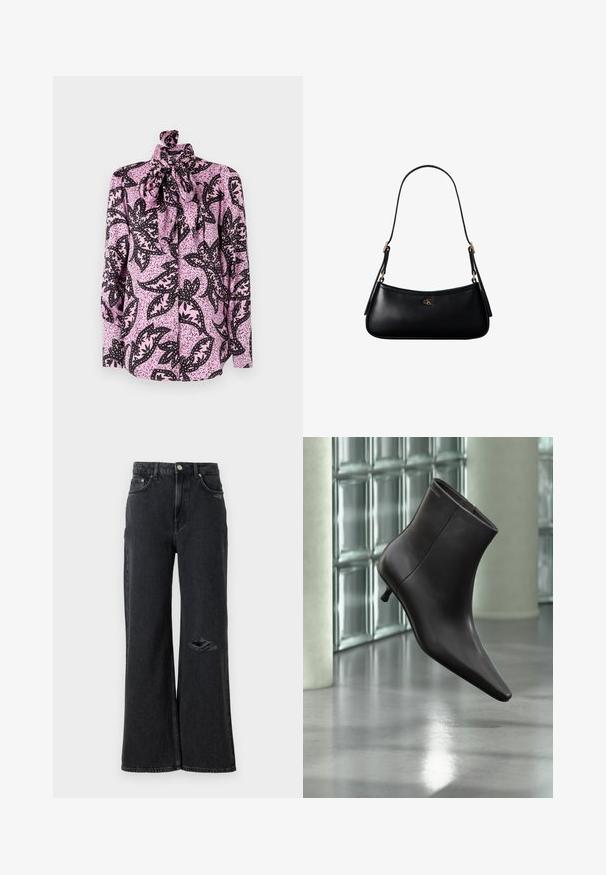 Blusa rosa con un patrón floral negro y acentos moteados, de cuello alto y un gran lazo en el collar. Mangas largas.; Jeans de mezclilla negra de pierna ancha con una cintura alta, que presentan un desgarro en la rodilla izquierda y clásicos detalles de botones y remaches de metal.; Bota de cuero negro para el tobillo con puntera puntiaguda y tacón pequeño, exhibida frente a una pared de bloques de vidrio y un suelo pulido.; Mini bolso negro de cuero para hombro con correa delgada y pequeño logo dorado CK en el centro frontal.