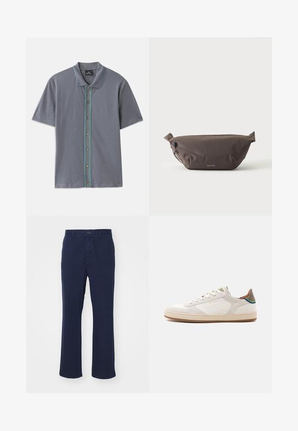 Polo gris à manches courtes avec une bande contrastante bleue et verte le long de la patte de boutonnage et cinq boutons marron. Texture de tissu douce.; Pantalon en coton bleu marine avec une coupe droite, doté d'une fermeture à bouton à l'avant et de poches latérales. Texture lisse avec un minimum de détails.; Baskets basses blanches avec semelle beige, lacets à l’avant, détail vert et bleu sur le talon, et discret logo doré "Paul Smith" sur le côté.; Sac banane en tissu marron foncé avec poche zippée en diagonale et petit logo blanc sur le devant, sur un fond clair uni.