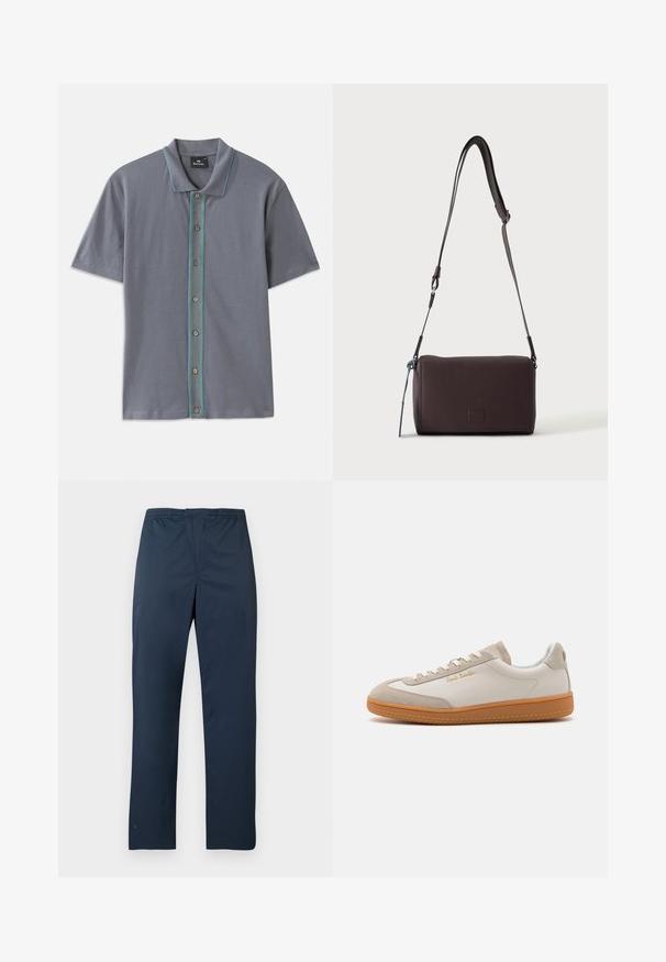 Polo gris à manches courtes avec une bande contrastante bleue et verte le long de la patte de boutonnage et cinq boutons marron. Texture de tissu douce.; Pantalon bleu marine léger avec une ceinture élastique et des jambes droites. Texture lisse sans motifs ni accents visibles.; Baskets basses blanches et beiges avec semelle en caoutchouc, lacets blancs, détails en daim et logo doré "Paul Smith" sur le côté.; Sac bandoulière en cuir marron foncé texturé avec une sangle réglable et un petit accent décoratif bleu sur le côté.