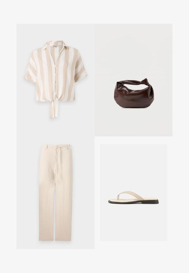 Beige og hvid stribet kortærmet skjorte med knaplukning foran og bundet kant. Fremstillet af let stof, der er egnet til varmt vejr.; Beige linnedragt med lige ben-design, der har en knaplukning og stofbånd i taljen, hvilket giver et let og struktureret udseende.; Beige flad thongsandal med polstret fodseng og sort sål, vist fra siden på hvid baggrund.; Mørkebrun læder skuldertaske med en blød, afslappet form og et snoet knudehåndtag på en ensartet hvid baggrund.