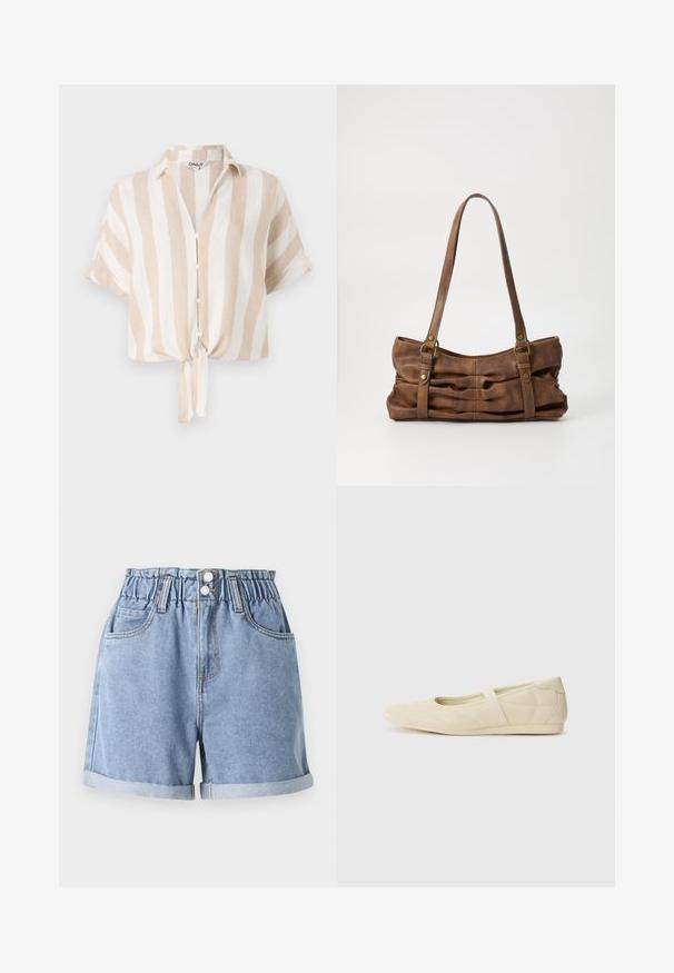 Beige og hvid stribet kortærmet skjorte med knaplukning foran og bundet kant. Fremstillet af let stof, der er egnet til varmt vejr.; Lysblå denimshorts med elastisk talje, to frontlommer, opsmøgede kanter og dobbeltknaplukning. Glat tekstur, afslappet design.; Lysebrune ballet flats med en glat læderoverflade, mandelformet tå og elastisk rem over vristen, med diskrete syninger.; Even&Odd by Zalando Håndtasker - brown