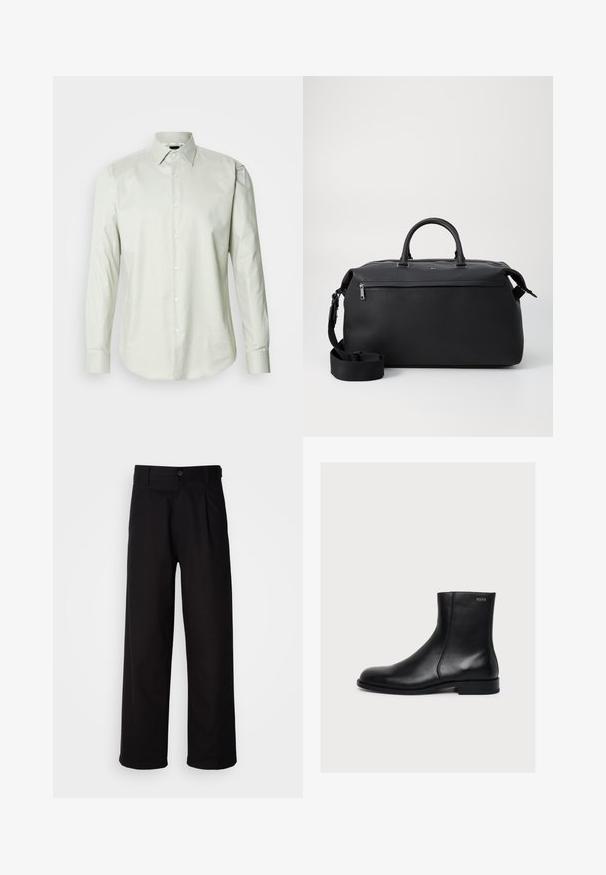 Camisa de manga larga verde claro con cuello estructurado, textura lisa y tapeta frontal con botones blancos.; Pantalones negros hechos de una tela suave, con un diseño de pierna recta, pliegues frontales y un cierre de botón en la cintura.; Bota de piel negra lisa hasta el tobillo con tacón bajo y cremallera lateral, etiquetada con Hugo cerca del borde superior.; Bolsa de viaje de cuero negro con dos asas superiores, una correa de hombro desmontable y un bolsillo frontal con cremallera para almacenamiento adicional.
