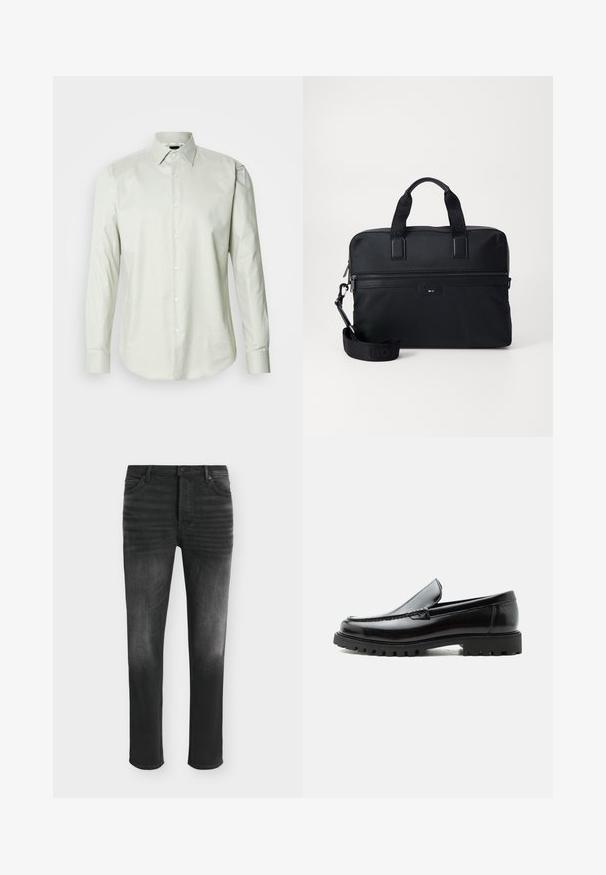 Helles grünes Langarm-Hemd mit Knopfleiste, strukturiertem Kragen, schlichter Textur und Vorderknopfleiste mit weißen Knöpfen.; Schwarze Skinny-Jeans mit ausgebleichten Details, Fünf-Taschen-Stil und Knopfverschluss in der Taille.; Schwarzer Lederloafer mit grober Gummisohle, genähter Oberseite und geprägtem Markennamen an der Ferse, seitlich auf weißem Hintergrund gezeigt.; Schwarze Nylontasche für Laptops mit zwei Griffen, einem abnehmbaren Trageriemen, einer Reißverschlusstasche und dezentem Branding. Strukturierte Oberfläche mit schlankem Design.