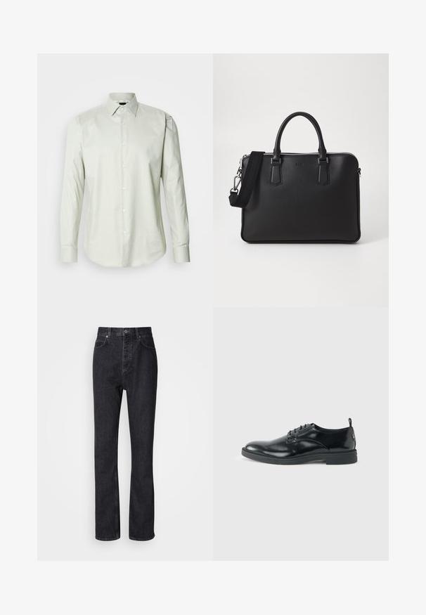 Lys grøn langærmet skjorte med knaplukning, struktureret krave, ensartet tekstur og frontplade med hvide knapper.; Høj talje sorte denim jeans med knap- og lynlåsåbning, for- og baglommer samt lige ben.; Blank sort læder dresssko med lav hæl, snørelukning og rund tå, vist fra siden på ensfarvet lys baggrund.; Sort lædertaske med struktureret overflade, doble håndtag og en aftagelig skulderrem. Har sølvfarvede lynlåse og minimalistiske designelementer.