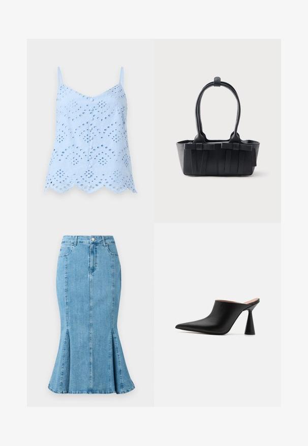 Top sin mangas de color azul claro con bordado de ojal, dobladillo con motivos en forma de onda y botones decorativos. Material de algodón suave con una textura delicada.; Falda lápiz de mezclilla azul claro con dobladillo acampanado y aberturas laterales, con cierre de botones en la parte frontal y bolsillos. Diseño simple y limpio.; Mules de cuero negro con punta afilada y un singular tacón en forma de cono. Textura suave y diseño minimalista, con parte trasera abierta para facilitar su uso.; Bolso de cuero negro con dos asas, correas decorativas y base rectangular sobre un fondo claro y liso.