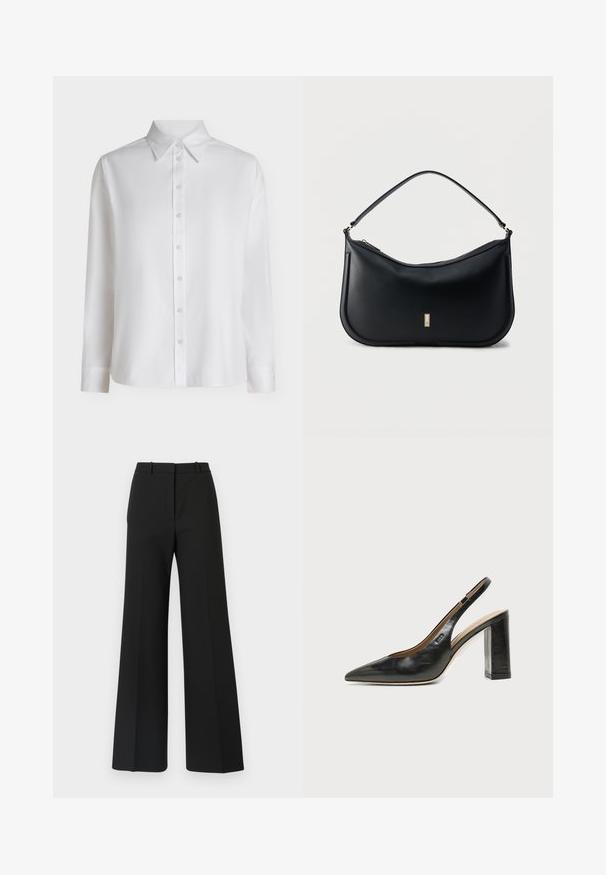 Chemise blanche à manches longues boutonnée, avec col pointu et poignets standards, présentée sur un fond clair uni.; Pantalons black à jambes larges avec un design sur mesure, présentant une texture lisse et de subtils plis à l'avant. Pas de garnitures ou de motifs visibles.; Chaussure slingback en cuir noir à bout pointu avec un talon bloc haut et une doublure intérieure beige sur un fond clair uni.; Sac à bandoulière en cuir noir avec une seule sangle, design minimaliste, fond arrondi, et une petite plaque logo rectangulaire dorée sur le devant.