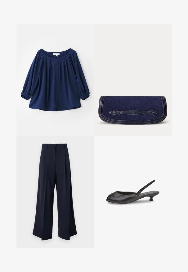 Navyblauwe blouse van zachte stof, met een wijde halslijn, knoopsluiting, plooien aan de voorkant en elastische manchetten met lange mouwen.; Marineblauwe broek met wijde pijpen, voorplooien, riemlussen en een verborgen voorkantsluiting.; Zwart leren slingback lage hak schoen met een vierkante neus en een gestructureerde afwerking, weergegeven in zijaanzicht op een witte achtergrond.; Marineblauwe clutch met leren afwerking en witte stiksels, met Polo by Ralph Lauren-logo op het voorste handvatdetail.