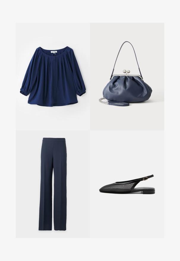 Blouse bleu marine en tissu doux, avec un décolleté large, un système de fermeture à boutons, des plis à l'avant et des poignets élastiques avec des manches longues.; Pantalon large bleu marine à taille haute avec un devant épuré, présenté sur un fond gris clair uni.; Chaussure plate noire à bride arrière, bout pointu, tige en mesh, bride à boucle réglable et petit talon empilé sur fond blanc.; Sac à main en cuir bleu marine doux avec fermeture à boucle argentée, une seule bandoulière, et une chaîne de poignet amovible sur fond blanc.