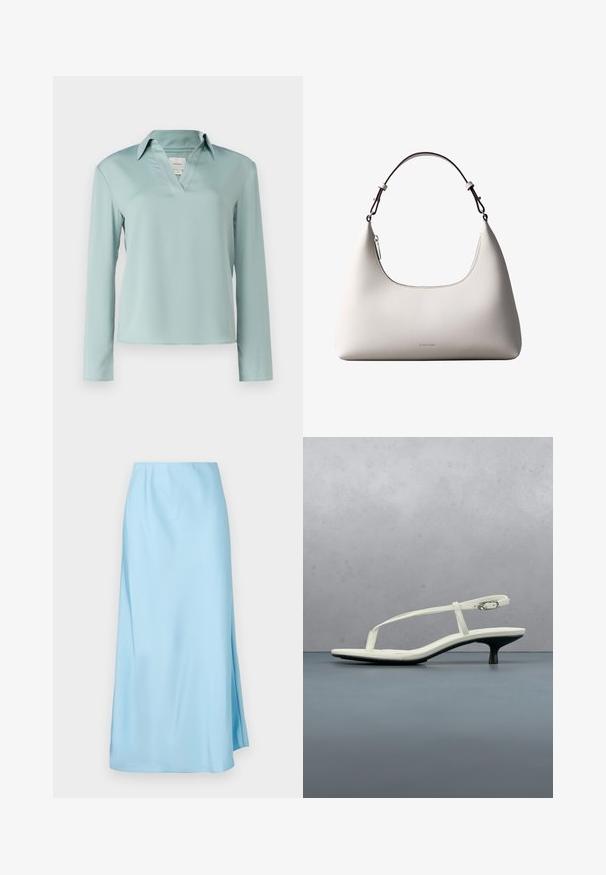 Calvin Klein Blouse - abyss; Jupe midi bleu clair avec une texture lisse, dotée d'une légère fente latérale et d'une ceinture élastique pour le confort et la facilité de port.; Sandale blanche à talon kitten avec des lanières et un bout pointu, flottant au-dessus d'un sol en carrelage en bois en plein air avec un arrière-plan flou de plante et de mur.; Sac à bandoulière en cuir couleur crème de Calvin Klein avec bord supérieur incurvé, fermeture éclair argentée et sangle ajustable brun foncé.