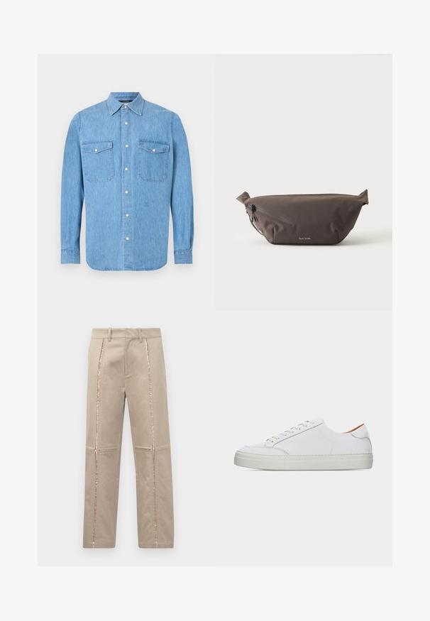Chemise en denim bleu clair à manches longues avec fermeture boutonnée sur le devant et deux poches poitrine à rabat avec boutons-pression sur fond blanc.; Pantalons beiges à coupe droite, avec des rayures latérales en sequins or rose et de subtils détails cousus sur les jambes.; Baskets basses blanches en cuir avec fermeture à lacets à l'avant, semelle épaisse et détails de couture minimalistes sur un fond clair uni.; Sac banane en tissu marron foncé avec poche zippée en diagonale et petit logo blanc sur le devant, sur un fond clair uni.