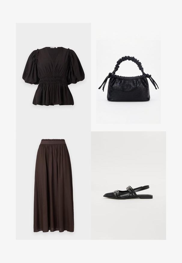 Top negro de manga abullonada con escote en V profundo, cintura fruncida y dobladillo acampanado. Hecho de tela ligera con una textura suave.; Falda marrón de longitud hasta el tobillo, hecha de una tela suave. Cintura elástica con textura fruncida, que ofrece un ajuste relajado. Diseño sencillo, sin patrones.; Even&Odd by Zalando Bailarinas con tira trasera - black; Bolso negro con textura de cocodrilo, borde superior fruncido, asa recogida y cordones con borlas en cada lado sobre un fondo blanco.