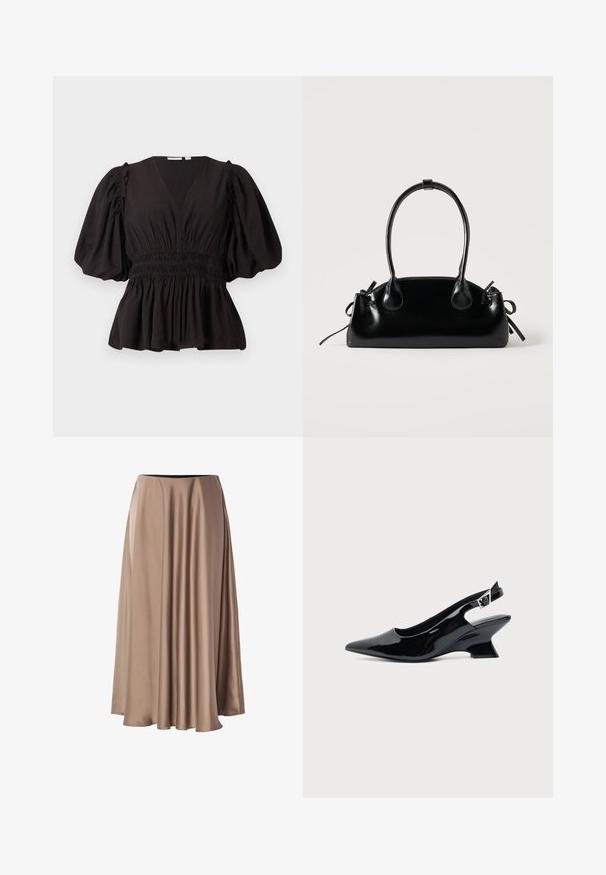 Top negro de manga abullonada con escote en V profundo, cintura fruncida y dobladillo acampanado. Hecho de tela ligera con una textura suave.; Larga falda en línea A hecha de una tela suave y brillante en un color beige claro. Presenta una cintura elástica y un diseño drapeado y fluido.; Zapato slingback de cuero charol negro con puntera puntiaguda y tacón bajo en bloque inclinado sobre fondo claro liso.; Pequeño bolso negro brillante con dos asas largas y detalles de cordón lateral sobre un fondo claro liso.