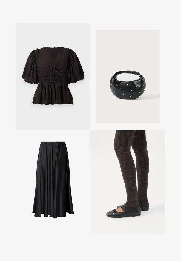 Top negro de manga abullonada con escote en V profundo, cintura fruncida y dobladillo acampanado. Hecho de tela ligera con una textura suave.; Falda maxi negra de tejido suave, con una cinturilla elástica, silueta amplia y un dobladillo fluido sin patrones o detalles visibles.; Piernas con leggings oscuros acanalados combinados con bailarinas negras que presentan pequeños detalles de lazo sobre un fondo blanco.; Bolso de mano de cuero negro con forma redondeada, decorado con detalles de tachuelas plateadas y un asa corta. Textura lisa y cierre con cremallera.