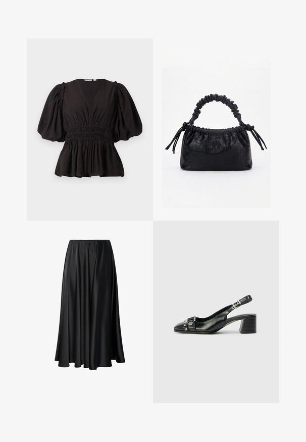 Top negro de manga abullonada con escote en V profundo, cintura fruncida y dobladillo acampanado. Hecho de tela ligera con una textura suave.; Falda maxi negra de tejido suave, con una cinturilla elástica, silueta amplia y un dobladillo fluido sin patrones o detalles visibles.; Tacón slingback de cuero negro con punta afilada, correa texturizada con acentos metálicos circulares y tacón cuadrado apilado.; Bolso negro con textura de cocodrilo, borde superior fruncido, asa recogida y cordones con borlas en cada lado sobre un fondo blanco.