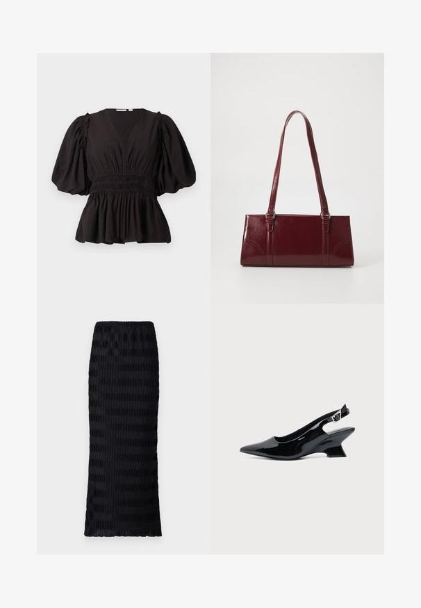 Top negro de manga abullonada con escote en V profundo, cintura fruncida y dobladillo acampanado. Hecho de tela ligera con una textura suave.; Falda negra hasta la rodilla con un diseño texturizado y plisado. Cintura elástica, tela suave con rayas alternas mates y brillantes.; Zapato slingback de cuero charol negro con puntera puntiaguda y tacón bajo en bloque inclinado sobre fondo claro liso.; Bolso burdeos hecho de material brillante, de forma rectangular, con dos asas para el hombro y sutiles acentos curvados en la parte frontal.