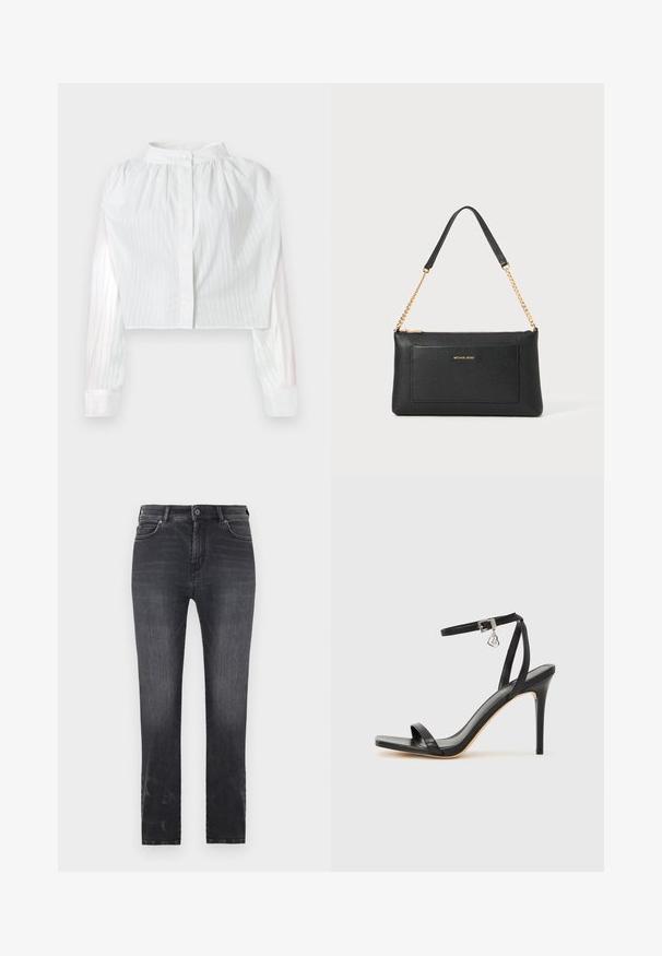 Blouse blanche courte à manches longues avec fines rayures verticales, empiècement froncé, col haut avec fermeture à un bouton.; Jean en denim gris foncé avec une coupe droite, doté d'une fermeture à bouton, de cinq poches et de détails légèrement délavés sur le tissu.; Sandale à talon haut noire avec une bride étroite à la cheville, bout carré, cuir lisse et accent de boucle métallique.; Pochette en cuir noir avec une texture en relief, bandoulière en chaîne dorée et une poche avant. Elle arbore un logo doré sur le devant.