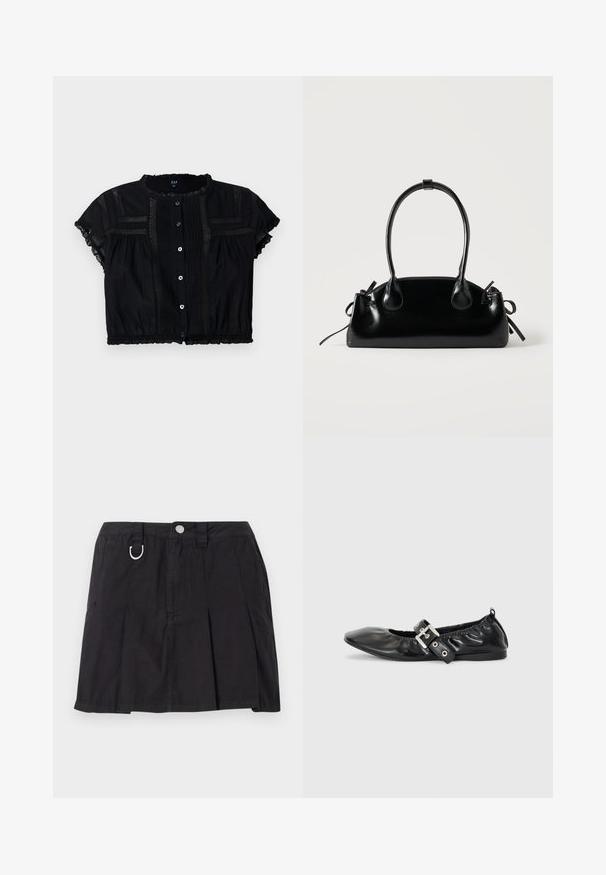 Blusa negra cortada con mangas cortas, con adornos de encaje, botones en la parte delantera y detalles plegados en el cuerpo y las mangas.; Falda negra plisada de algodón, con cierre de botones en la parte delantera, lazos para cinturón y un acento en forma de D en la cinturilla.; Zapato plano de piel negra con puntera afilada, detalle fruncido alrededor de la abertura y un acento de hebilla plateada en la correa ajustable.; Pequeño bolso negro brillante con dos asas largas y detalles de cordón lateral sobre un fondo claro liso.