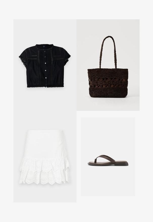 Sort cropped bluse med korte ærmer, der har blonder detaljer, knapfront og plisseringer på kroppen og ærmerne.; Hvid bomuldsnederdel med lagdelt flæse-design og øjelet broderi i kanten. Glat tekstur, længde over knæet.; Brun lædertåsandal med sort flad sål og bred rem over toppen, vist i sideprofil på hvid baggrund.; Mørkebrun flettet taske med blomsterprint og to lange fletdet håndtag på en ensfarvet lys baggrund.
