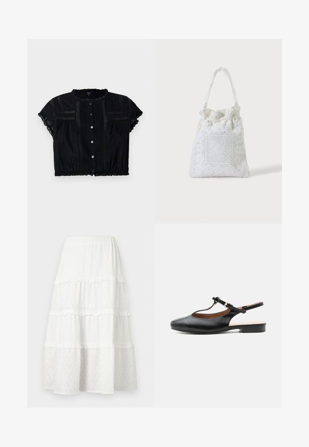 Sort cropped bluse med korte ærmer, der har blonder detaljer, knapfront og plisseringer på kroppen og ærmerne.; Hvid midilængde nederdel med laginddeling med skiftevis ensfarvede og hulmønstrede blondepaneler samt diskrete flæsedetaljer ved syningerne.; Sort læder flad slingback-sko med T-rem og guldlås på neutral baggrund.; Hvid stofnet med blomstret blonderbroderi og samlet øvre håndtag, vist mod en ensfarvet lys baggrund.