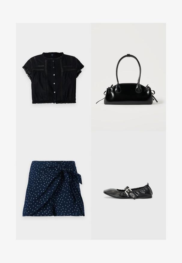Blouse noire cropped à manches courtes, avec des accents en dentelle, un boutonnière à l'avant et des détails plissés sur le corsage et les manches.; Shorts bleu marine avec un design enroulé et un détail de nœud à l'avant. Présente un motif circulaire blanc dispersé. Fabriqué en tissu léger.; Chaussure plate en cuir noir avec un nez pointu, des détails froncés autour de l'ouverture et un accent en boucle argentée sur la bride ajustable.; Petit sac à main noir brillant avec deux longues anses et des détails à cordon sur les côtés sur un fond clair uni.