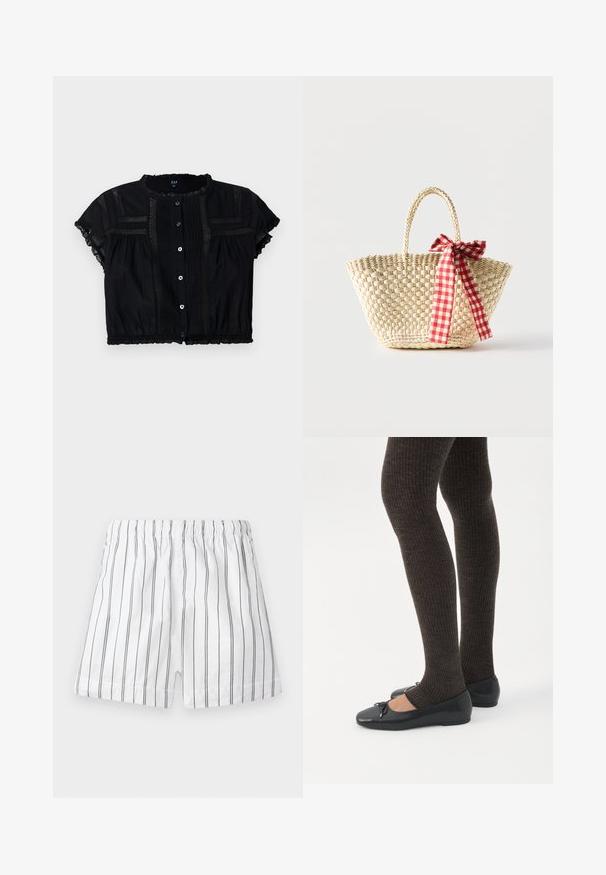 Sort cropped bluse med korte ærmer, der har blonder detaljer, knapfront og plisseringer på kroppen og ærmerne.; Hvide shorts med tynde lodrette grå striber, en elastisk talje og en komfortabel pasform. Fremstillet af letvægtsstof for åndbarhed.; Ben iført mørke ribbede leggings kombineret med sorte balletsko med små sløjfedetaljer på hvid baggrund.; Flettet stråtaske med fletninger til håndtagene og et rødt og hvidternet bånd bundet som en sløjfe på den ene side.