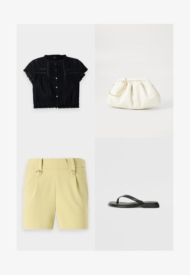 Sort cropped bluse med korte ærmer, der har blonder detaljer, knapfront og plisseringer på kroppen og ærmerne.; Lys gule shorts i et glat stof med to frontfald og dekorative knapper i guld på taljen. Skreddersydd design.; Sorte flip-flops lavet af glat læder, med et tyndt remdesign og en flad sål med et minimalt profil. Ingen bemærkelsesværdige mønstre eller accenter.; Hvid læderhåndtaske med en samlede design, forsynet med en guldkæde-strop og en rund form. Glat tekstur med bløde folder og ingen mønstre.