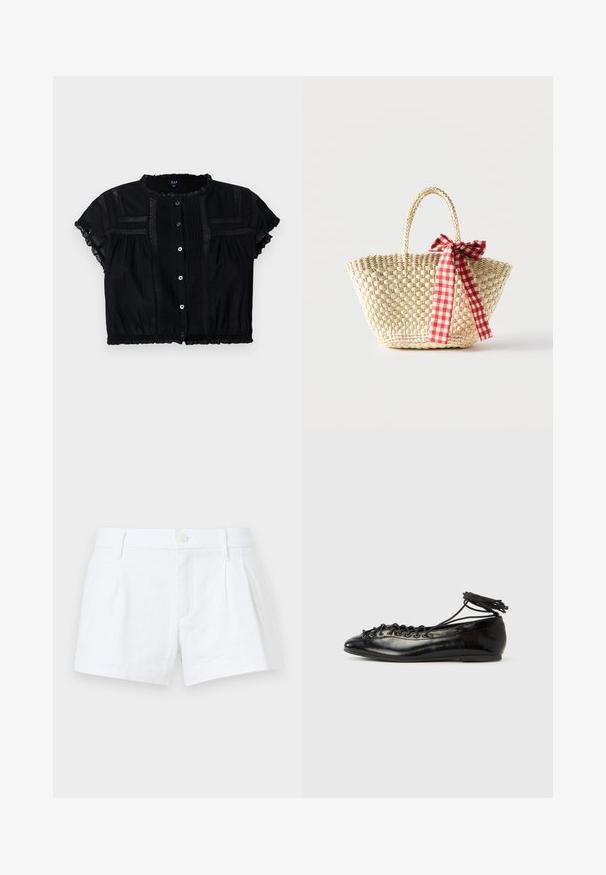 Musta lyhythihainen crop-top, jossa on pitsikoristeita, nappisuljenta ja pleat-detailit bodassa ja hihoissa.; Valkoiset pellavashortsit, joissa on laskokset, nappisulku ja sivutaskut. Ominaisuuksina räätälöity leikkaus ja sileä pinta.; Musta kiiltäväpäällysteiset balettitossut, joissa pyöreä kärki, nauhallinen malli ja litteä pohja. Sileä pinta, jossa vähän yksityiskohtia.; Kudotusta olkikassista valmistettu olkalaukku, jossa on punottu kahva ja toisella puolella punavalkoruudullisella nauhalla tehty rusetti.