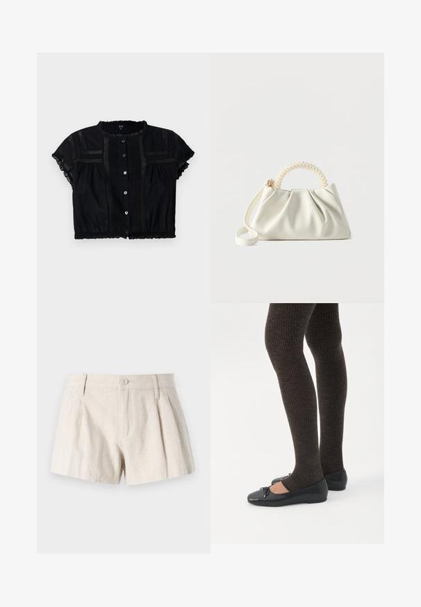 Zwarte cropped blouse met korte mouwen, voorzien van kantaccenten, knoopsluiting aan de voorzijde en geplisseerde details op het lijfje en de mouwen.; Linnen shorts in een lichtbeige kleur, met een geplooid ontwerp, een sluiting met knoop aan de voorkant en een gladde, gestructureerde afwerking.; Benen met donkere geribbelde leggings gecombineerd met zwarte ballerina's met kleine strikdetails op een witte achtergrond.; Kleine witte handtas met een gerimpeld lichaam, ronde handgreep versierd met parels en een afneembare schouderriem tegen een effen achtergrond.