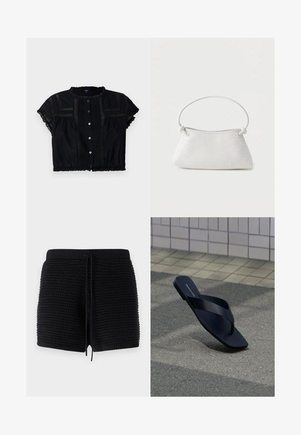 Sort cropped bluse med korte ærmer, der har blonder detaljer, knapfront og plisseringer på kroppen og ærmerne.; Sorte strikkede shorts med et struktureret mønster, elastisk talje med snor og ribbede detaljer ved kanten og taljen.; Sort tanga-sandal med firkantet tå og mærkenavn på fodseng, placeret opret på tekstureret fortov nær flisebeklædt væg.; Hvid fletlæderhåndtaske med afrundet håndtag og ender på remmen, der er knyttet, vist mod en ensfarvet baggrund.