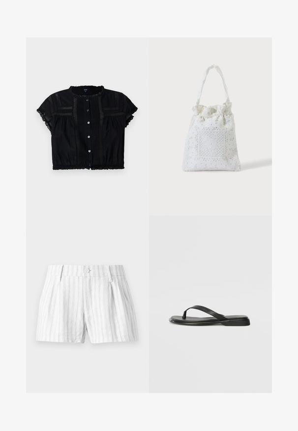 Blouse noire cropped à manches courtes, avec des accents en dentelle, un boutonnière à l'avant et des détails plissés sur le corsage et les manches.; Shorts en coton blanc avec des rayures verticales gris clair, dotés d'une fermeture à bouton, de plis et de poches latérales. Design simple et décontracté.; Tongs noires en cuir lisse, avec un design de sangle fine et une semelle plate à profil minimal. Aucun motif ou accent notables.; Sac cabas en tissu blanc avec broderie florale en dentelle et anse supérieure froncée, présenté sur un fond clair uni.