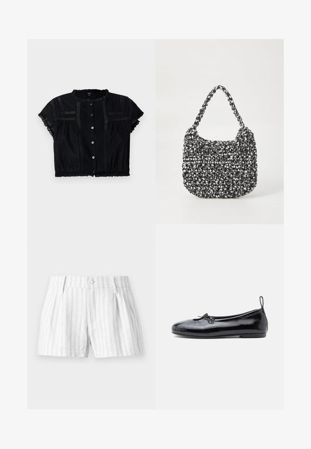 Zwarte cropped blouse met korte mouwen, voorzien van kantaccenten, knoopsluiting aan de voorzijde en geplisseerde details op het lijfje en de mouwen.; Witte katoenen shorts met lichtgrijze verticale strepen, voorzien van een knoopsluiting, plooien en zijzakken. Eenvoudig en casual ontwerp.; Zwarte gepoetste leren balletschoenen met een ronde neus, een klein strikje en een gladde textuur; heeft een lage platte zool en een lusje aan de hiel.; Geweven handtas in zwart en wit met een ronde vorm, gestructureerd oppervlak en een gevlochten handvat. Geschikt voor dagelijks gebruik.