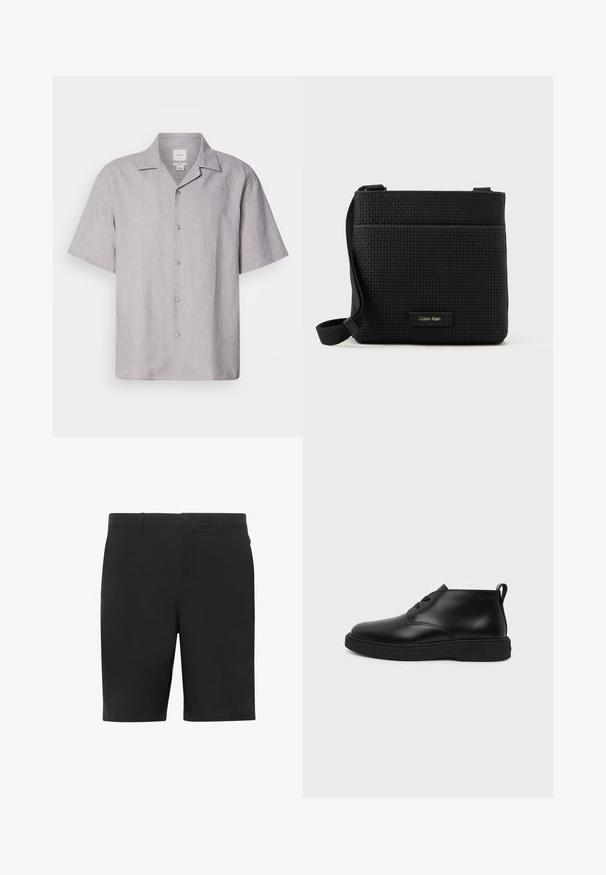Chemise à manches courtes, gris clair, boutonnée, en lin. Dotée d'un col pointu et d'une texture subtile avec six boutons sur le devant.; Shorts noirs en tissu léger, dotés d'un devant plat, d'une ceinture standard et de poches latérales. Texture lisse sans motifs apparents.; Chaussure montante en cuir noir à lacets avec semelle épaisse en caoutchouc et languette au talon, vue de profil sur fond uni.; Sac en bandoulière noir tissé avec une sangle ajustable, featuring une poche avant et une petite étiquette de marque. Surface lisse et texturée.