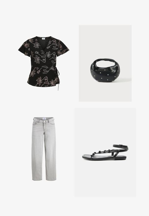 Blouse noire à manches courtes cache-cœur avec motifs floraux en lignes rose pâle et un lien sur le côté à la taille.; Jean en denim gris clair avec une coupe décontractée, des jambes droites et une taille mi-haute. Comprend des passants de ceinture, un bouton de fermeture et des poches standards.; Sandale plate noire avec bride à la cheville et petites décorations florales sur de fines brides devant, vue de côté sur fond blanc.; Sac à main en cuir noir de forme arrondie, décoré de clous argentés et équipé d'une poignée courte. Texture lisse et fermeture éclair.