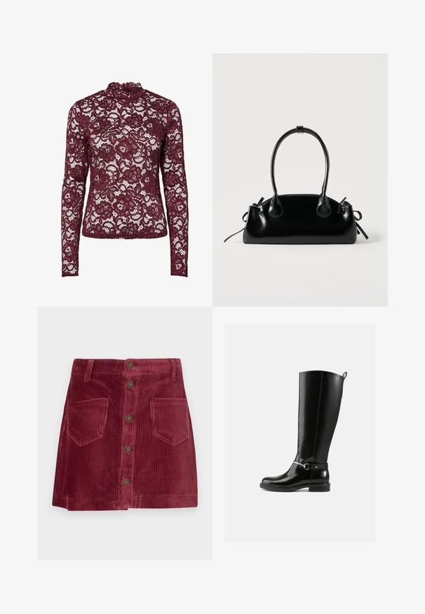 Bourgogne bluse med lange ærmer i blonder med blomstermønster og høj halsudskæring, med gennemsigtigt stof og tætsiddende silhuet.; Lys rød corduroy mini nederdel med frontlukning med knapper, to frontlommer og bæltestropper.; Sorte knæhøje støvler lavet af blankt læder med en sølvfarvet spænde ved anklen og rundet snude. Flad sål.; Lille sort blank håndtaske med to lange håndtag og snøre-detaljer i siden på en ensfarvet lys baggrund.