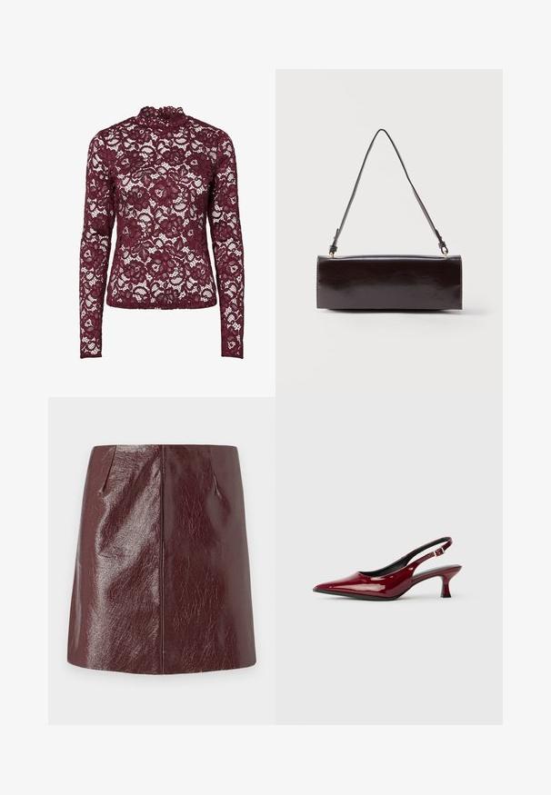 Bourgogne bluse med lange ærmer i blonder med blomstermønster og høj halsudskæring, med gennemsigtigt stof og tætsiddende silhuet.; Vero Moda VMNELLY SKIRT - Mini skirts - wine tasting; Bordeaux patenteret læder slingback hæle med spids tå og en slank stiletto hæl. Åben rygdesign med justerbar ankelrem.; Rektangulær sort læderhåndtaske med en enkelt lang rem og blank finish, vist mod en ensfarvet hvid baggrund.