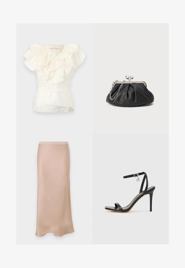 Blouse sans manches blanche avec des détails de volants superposés au niveau du col et une taille ajustée.; Jupe midi en satin de couleur beige clair avec une texture lisse. Elle présente une taille ajustée et une coupe légèrement évasée, s'évasant doucement au niveau de l'ourlet.; Sandale à talon haut noire avec une bride étroite à la cheville, bout carré, cuir lisse et accent de boucle métallique.; Porte-monnaie en cuir noir avec texture froncée, cadre en métal argenté, fermeture à verrouillage kiss-lock et bandoulière en chaîne. Surface lisse et douce.