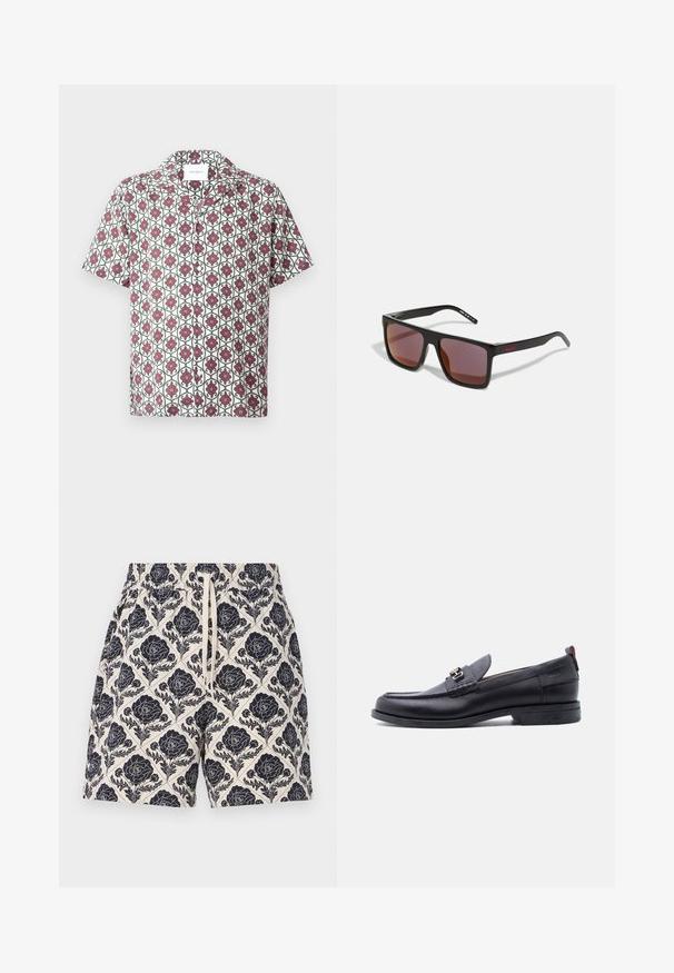 Chemise à manches courtes en tissu léger, présentant une base blanche avec un motif floral répétitif en rouge et vert. Comprend un col et des boutons.; Shorts imprimés en crème avec un motif floral bleu marine, dotés d'une taille élastique et d'un cordon de serrage, fabriqués en tissu léger.; Mocassin en cuir noir avec empeigne texturée grise, détail boucle en métal argenté, petit talon et languette à l'arrière.; Lunettes de soleil rectangulaires noires avec des verres rouge foncé, présentant une finition mate et un logo rouge sur la branche. Monture en plastique robuste.