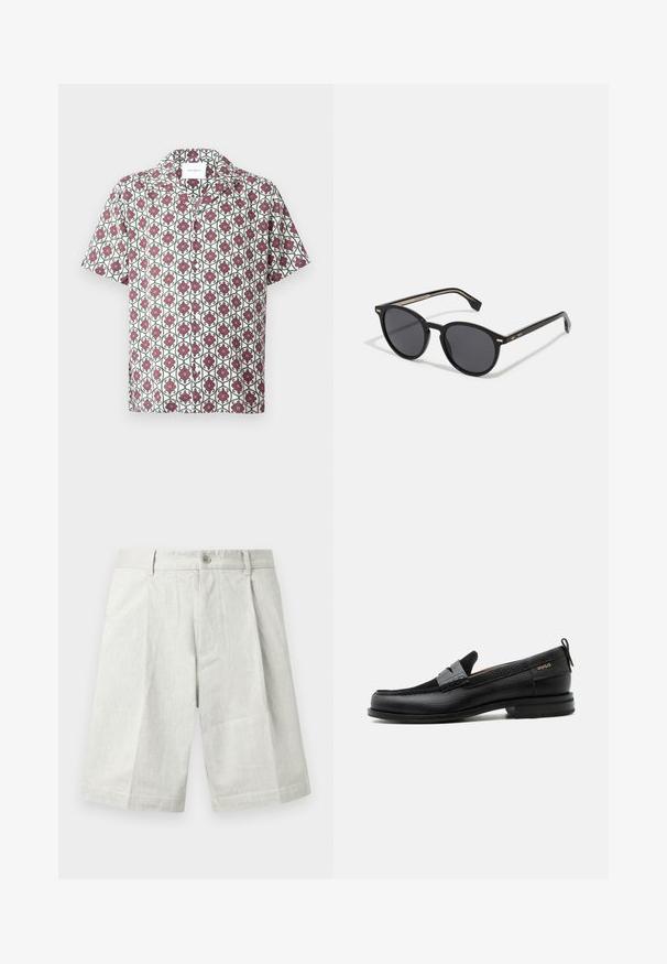 Chemise à manches courtes en tissu léger, présentant une base blanche avec un motif floral répétitif en rouge et vert. Comprend un col et des boutons.; Shorts gris clair en tissu texturé, dotés d'une fermeture à bouton, de plis et d'une coupe droite, adaptés à une tenue décontractée.; Mocassin en cuir noir avec détail de bride grise, talon bas et semelle texturée, marqué "HUGO" en or sur le côté.; BOSS Lunettes de soleil - black