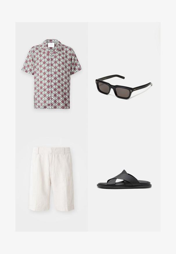 Korte mouwen overhemd van lichtgewicht stof met een witte basis en een herhalend bloemenpatroon in rood en groen. Voorzien van een kraag en knopen.; Linnen shorts in lichtbeige met een elastische tailleband, zijzakken en een rechte snit. Vlotte textuur met minimaal zichtbare stiksels.; Stuart Weitzman BERKLEY - Muiltjes - black; Zwarte rechthoekige zonnebril met donkere lenzen, een dik plastic montuur, gouden accenten op de veren en het merkembleem gegraveerd op de arm.