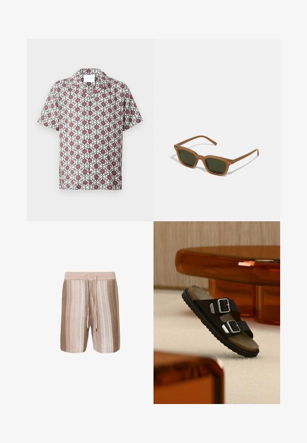 Kortærmet skjorte i let stof med en hvid bund og et gentaget blomstermønster i rødt og grønt. Indeholder krave og knapper.; Beige strikkede badshorts med horisontale striber i lysere nuancer, elastisk talje med snor og struktureret stof.; Sort sandal med to sølvspænder og korksål svævende over beige tæppe, med gennemsigtig ravfarvet møbel i baggrunden.; Brune acetat solbriller med mørkegrønne linser, rektangulær form og guld accenter på stængerne. Glat struktur, minimalistisk design.