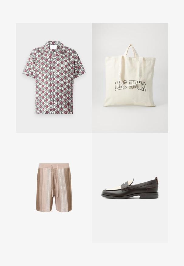 Kortærmet skjorte i let stof med en hvid bund og et gentaget blomstermønster i rødt og grønt. Indeholder krave og knapper.; Beige strikkede badshorts med horisontale striber i lysere nuancer, elastisk talje med snor og struktureret stof.; Mørkebrune herresko i læder med cremefarvet stofpanel og klassisk syning på remmen, flad sål og trækskærm ved hælen.; Canvas tote bag i off-white, med korte håndtag og teksten "LES DEUX" trykt i fede sorte bogstaver. Holdbart, simpelt design.