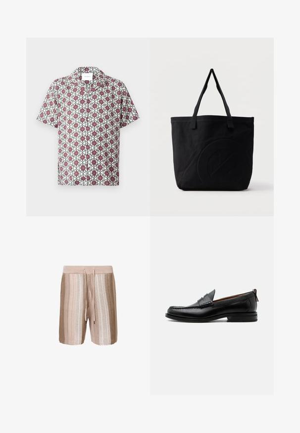 Kortærmet skjorte i let stof med en hvid bund og et gentaget blomstermønster i rødt og grønt. Indeholder krave og knapper.; Beige strikkede badshorts med horisontale striber i lysere nuancer, elastisk talje med snor og struktureret stof.; Sort læder herre loafer med moc-tå syning, penny strop, struktureret krave og lav stablet hæl på hvid baggrund.; Sort canvas-tote-taske med to skulderstropper og et diskret præget cirkeldesign på fronten.