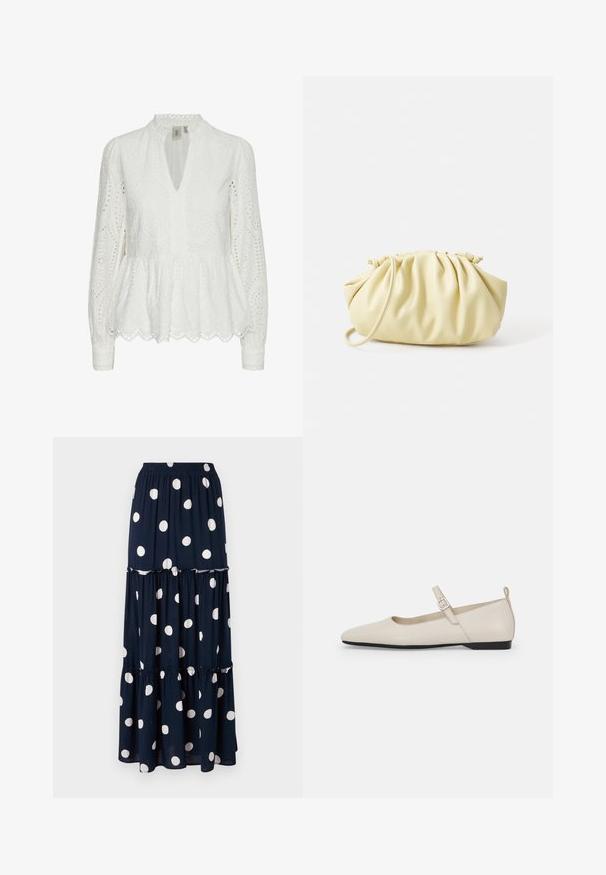 Hvid broderet bluse med bølget kant, dyb V-udskæring, lange ærmer og indviklede udskæringsmønstre i hele stoffet.; Mørkeblå maxi-nederdel med hvide prikker, der har cirkulære mønstre. Den har et lagdelt design og en elastisk talje for ekstra komfort.; Hvide ballerinasko i læder med spids tå, ankelsnor og lav sort hæl. Glat tekstur med minimale detaljer.; Gul plisseret håndtaske lavet af glat kunstlæder, med en blød form, en enkelt skulderrem og samlet topdesign.
