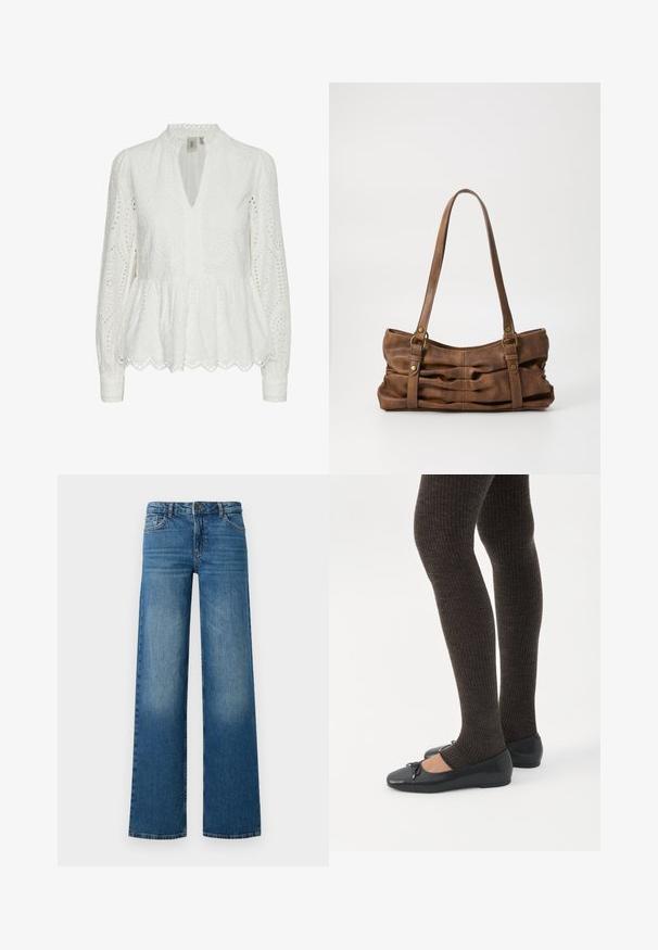 Hvid broderet bluse med bølget kant, dyb V-udskæring, lange ærmer og indviklede udskæringsmønstre i hele stoffet.; Bredde ben blå jeans med en falmet vask, fem lommer og en knaplukning. Fremstillet af denim med en glat, robust tekstur.; Ben iført mørke ribbede leggings kombineret med sorte balletsko med små sløjfedetaljer på hvid baggrund.; Even&Odd Håndtasker - brown