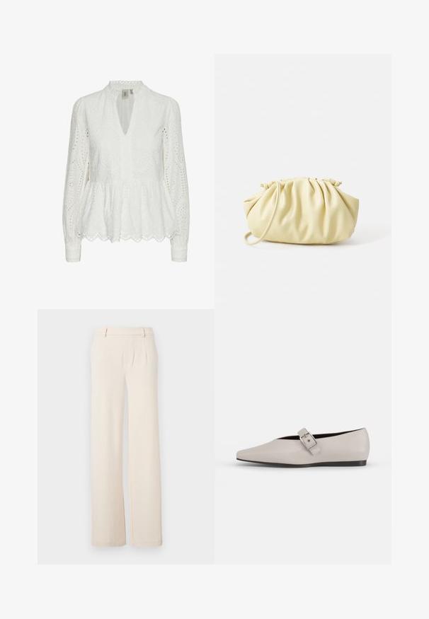 Hvid broderet bluse med bølget kant, dyb V-udskæring, lange ærmer og indviklede udskæringsmønstre i hele stoffet.; Lyse beige brede bukser med frontfolder, en glat tekstur og sidelommer. Lavet af et blødt stof med en skræddersyet design.; Beige læder flad sko med spidse tæer, en sidelukning som accent og en lav sort sål. Glat tekstur og minimalistisk design.; Gul plisseret håndtaske lavet af glat kunstlæder, med en blød form, en enkelt skulderrem og samlet topdesign.