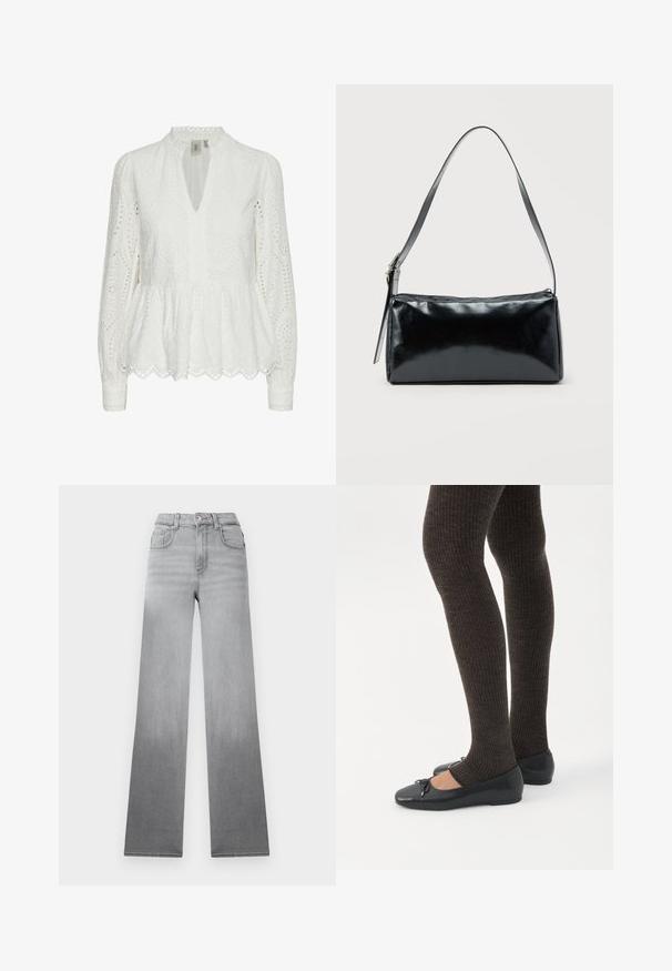 Blusa blanca bordada con un dobladillo de pico, escote profundo en V, mangas largas y patrones recortados intrincados a lo largo de la tela.; Jeans grises con un efecto ombré descolorido, diseño de cintura alta, estilo clásico de cinco bolsillos y piernas rectas y anchas hechas de tela de mezclilla.; Piernas con leggings oscuros acanalados combinados con bailarinas negras que presentan pequeños detalles de lazo sobre un fondo blanco.; Bolso de hombro rectangular negro con una correa ajustable y un cierre de cremallera superior sobre un fondo liso.