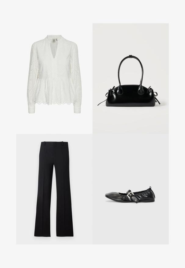 Blusa blanca bordada con un dobladillo de pico, escote profundo en V, mangas largas y patrones recortados intrincados a lo largo de la tela.; Pantalones de campana negros con una textura suave, que presentan una cintura ajustada, lazos para cinturón y un diseño limpio que se extiende hasta un dobladillo amplio.; Zapato plano de piel negra con puntera afilada, detalle fruncido alrededor de la abertura y un acento de hebilla plateada en la correa ajustable.; Pequeño bolso negro brillante con dos asas largas y detalles de cordón lateral sobre un fondo claro liso.